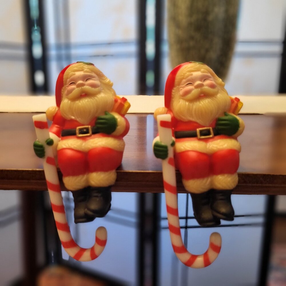 Set of 2 1960s Santa Claus w/ Candy Cane Stocking Holders Shelf Sitters